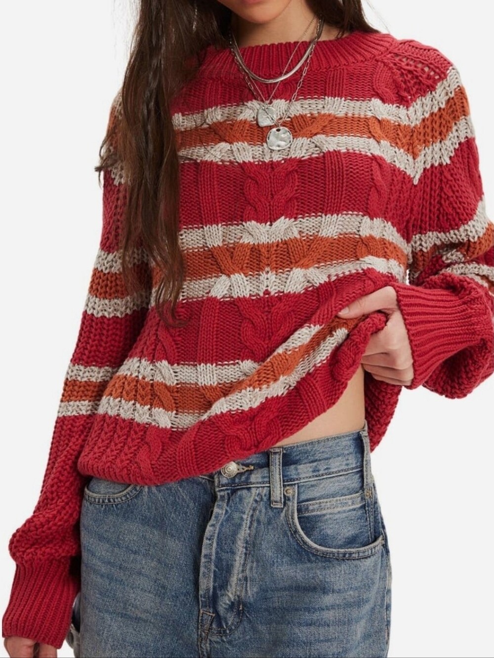 Free People Red Cable Knit Striped Crewneck Sweater